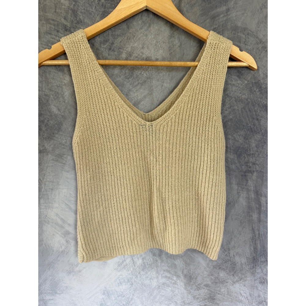 Beige Knit Twist Front V-Neck Cropped Soft Girl Summer Tank Top Small Cozy Chic